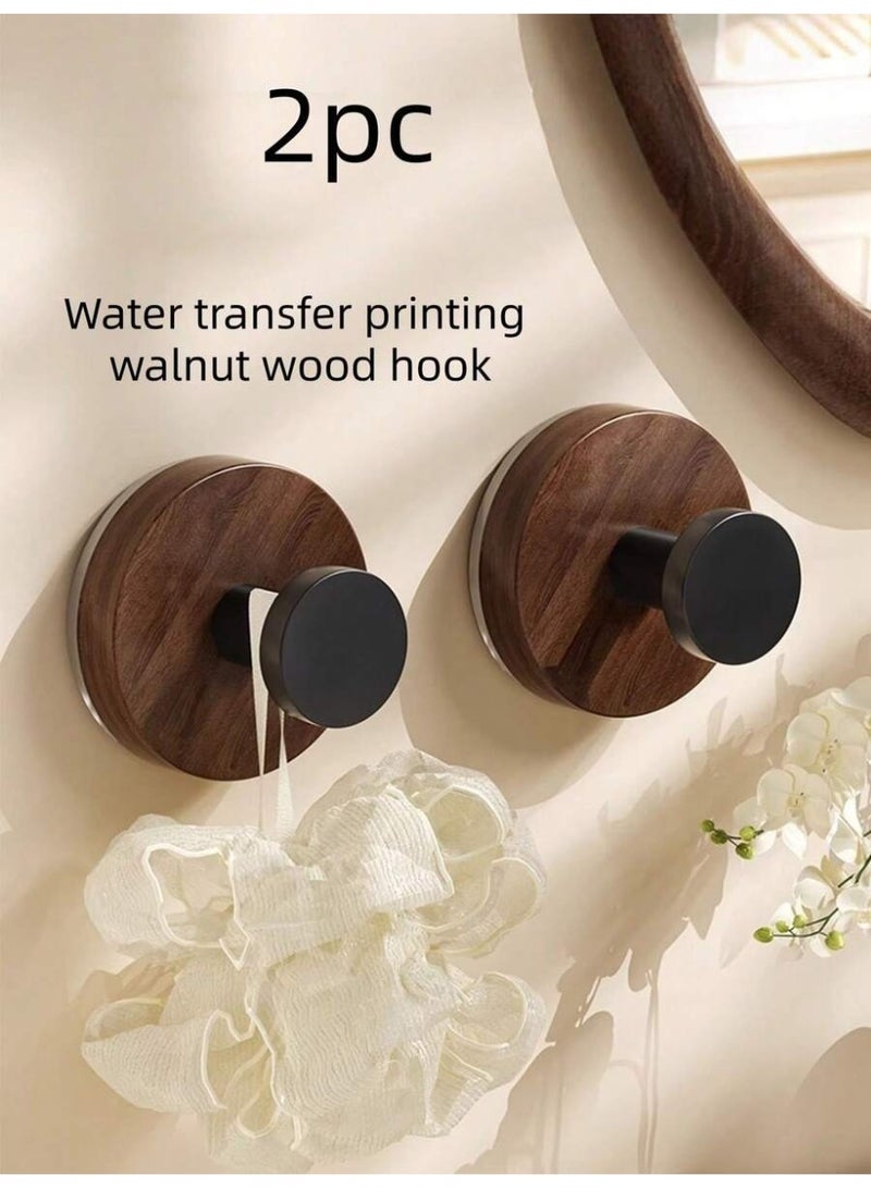 Wall-Mounted Wooden Hook Set (2 PCS) – Walnut Wood Finish with Matte Black Hook – Modern Bathroom & Entryway Towel, Robe & Bag Holder – Water Transfer Printing Design - Image 1